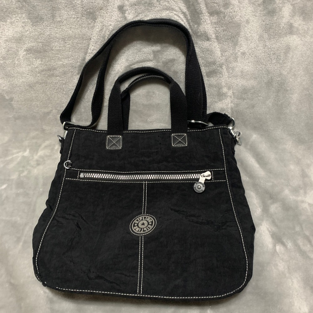 Kipling Eleva Black Crinkled Nylon Crossbody Tote Bag Convertible Stitching Boho
